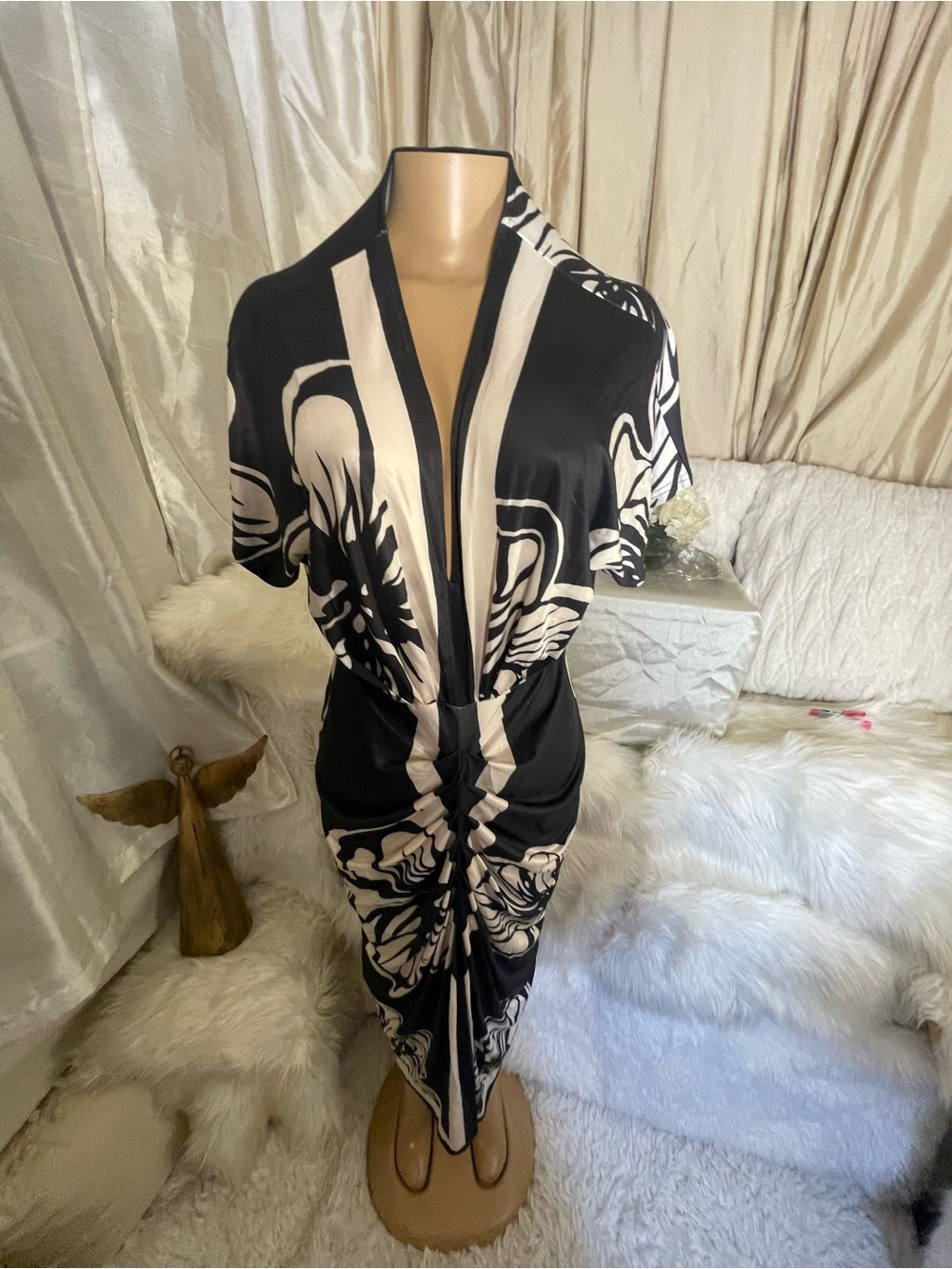 Cocktail or Party Black and Cream Floral V-Neck Ruched Midi Dress